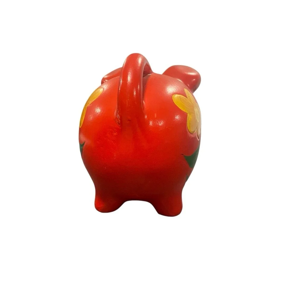 Folk Art Handpainted Piggy Bank Red/Yellow Flowers Tail Handle Ceramic Retro